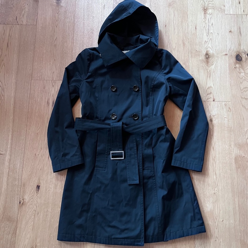 Michael by Michael Kors Black Trench Rain Coat, Hooded, Belted, Size S